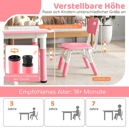 Children's table with 4 chairs set with graffiti table top. Height-adjustable children's seating group pink