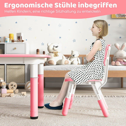 Children's table with 4 chairs set with graffiti table top. Height-adjustable children's seating group pink