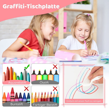 Children's table with 4 chairs set with graffiti table top. Height-adjustable children's seating group pink