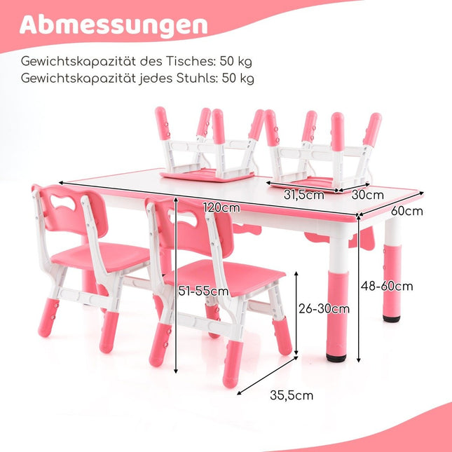 Children's table with 4 chairs set with graffiti table top. Height-adjustable children's seating group pink
