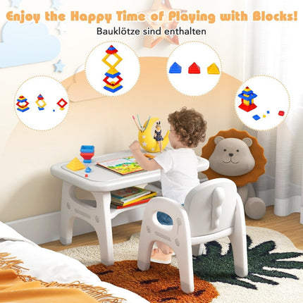 Children's table with chair Children's seating group with building blocks & shelf Children's table chair set gray