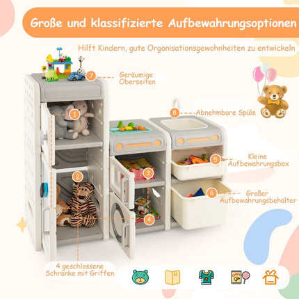 Children's toy cabinet with magnetic whiteboard & removable sink & tap