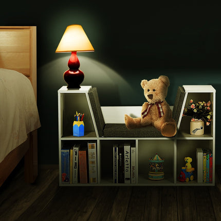 Kinderboekenkast van hout met kussens en achterwand kubusplank 102,5 x 30 x 63,5 cm wit