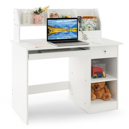 Children's wooden desk with storage & bookshelf & keyboard tray & drawer white