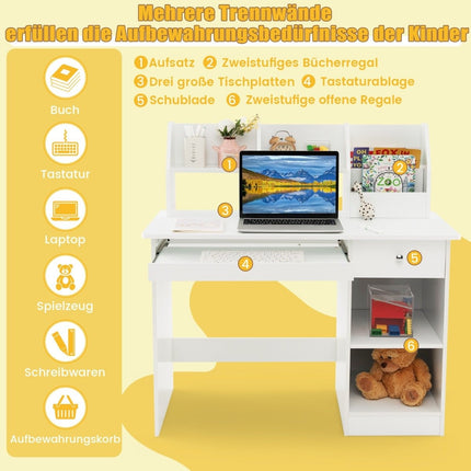 Children's wooden desk with storage & bookshelf & keyboard tray & drawer white