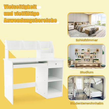 Children's wooden desk with storage & bookshelf & keyboard tray & drawer white