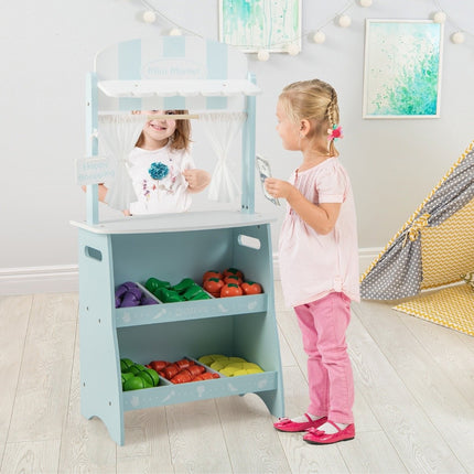 Kinderwinkel van hout met zonnedak & opbergvakken & reclamebord & groenten blauw