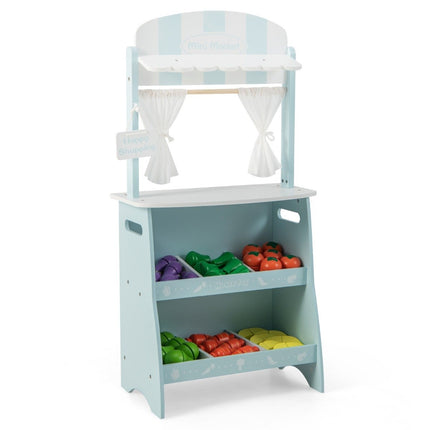 Kinderwinkel van hout met zonnedak & opbergvakken & reclamebord & groenten blauw