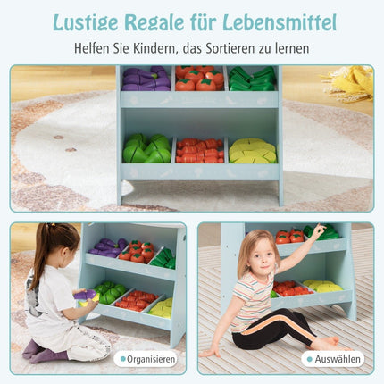 Kinderwinkel van hout met zonnedak & opbergvakken & reclamebord & groenten blauw