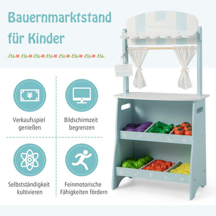 Kinderwinkel van hout met zonnedak & opbergvakken & reclamebord & groenten blauw