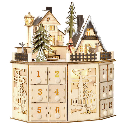 Wooden train advent calendar with 24 LED gift boxes