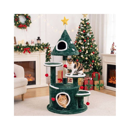 Christmas Cat Tree 50 Inch with 2 Condos and Sisal Post, Green, Star Spring Toy