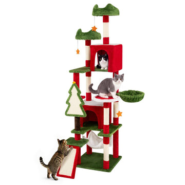 Christmas Cat Tree 75 Inch with 2 Large Condos and Hammock, Red/Green