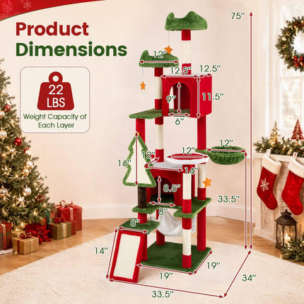 Christmas Cat Tree 75 Inch with 2 Large Condos and Hammock, Red/Green