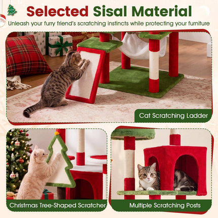 Christmas Cat Tree 75 Inch with 2 Large Condos and Hammock, Red/Green
