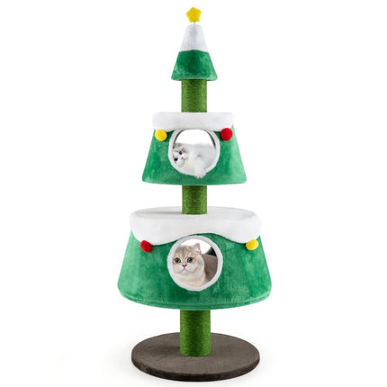 Christmas Cat Tree with 2 Caves, Sisal Posts, Plush Toys
