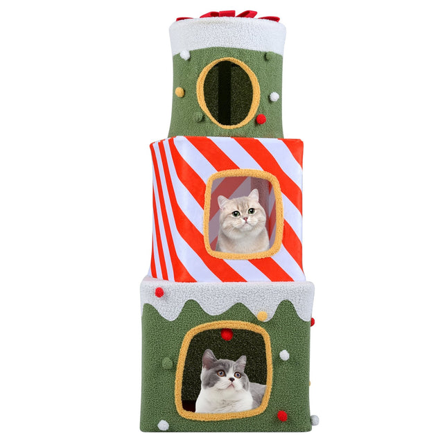 Christmas Cat Tree with 3 Cozy Houses, 120 cm Indoor