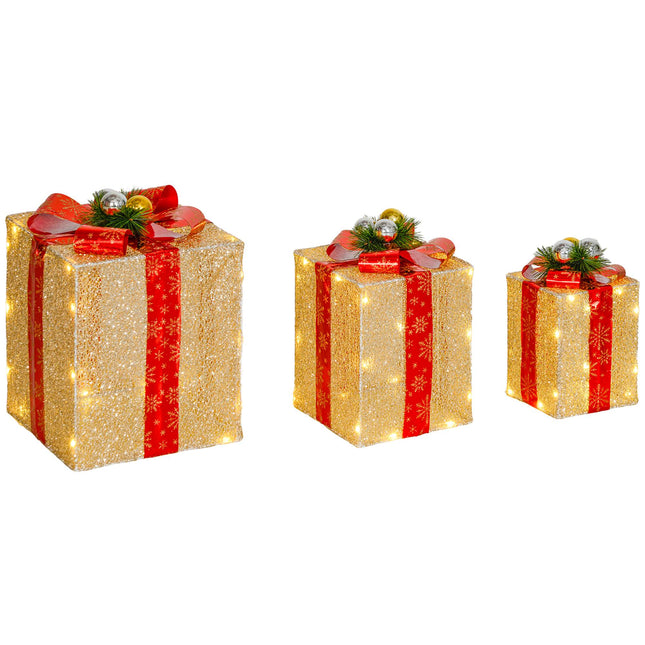 Christmas Gift Box Lights Set, 3-Piece, 58 LEDs, Gold