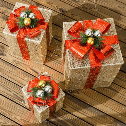 Christmas Gift Box Lights Set, 3-Piece, 58 LEDs, Gold