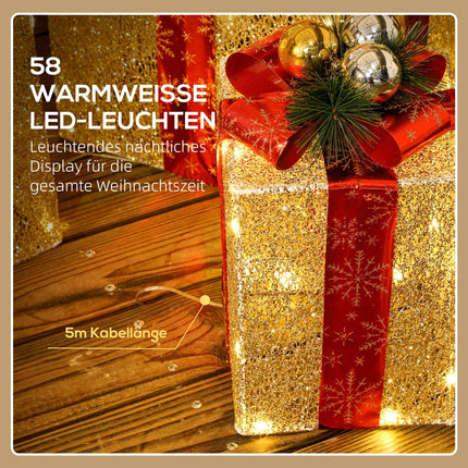 Christmas Gift Box Lights Set, 3-Piece, 58 LEDs, Gold