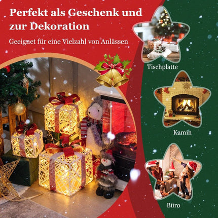 Christmas Gift Boxes Set of 3 Lighted Gift Boxes with Bows LED Lights 6H Timer