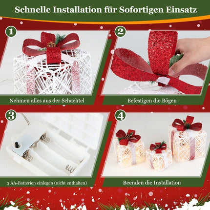 Christmas Gift Boxes Set of 3 Lighted Gift Boxes with Bows LED Lights 6H Timer