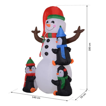 Inflatable Christmas snowman with 3 penguins, LED light