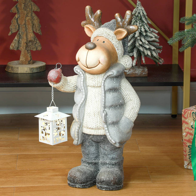 Christmas Reindeer Decoration with LED Lantern, Battery-Powered