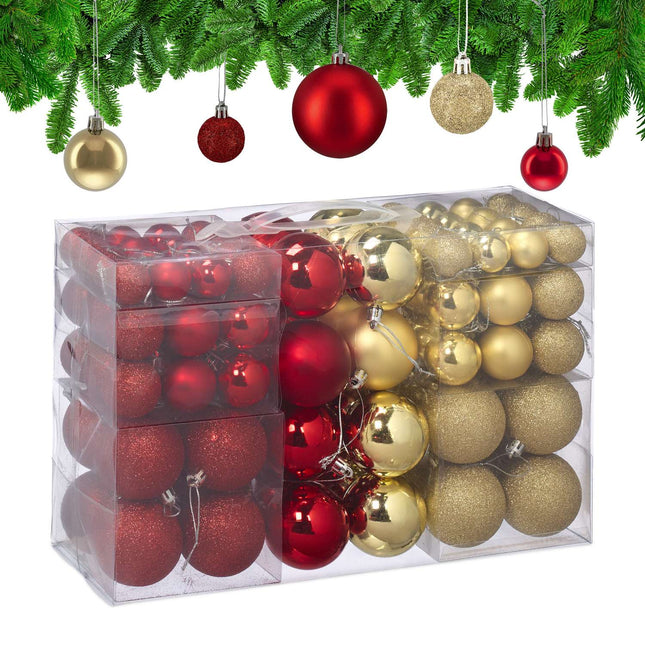 Christmas Tree Baubles Set, Red & Gold, Various Sizes