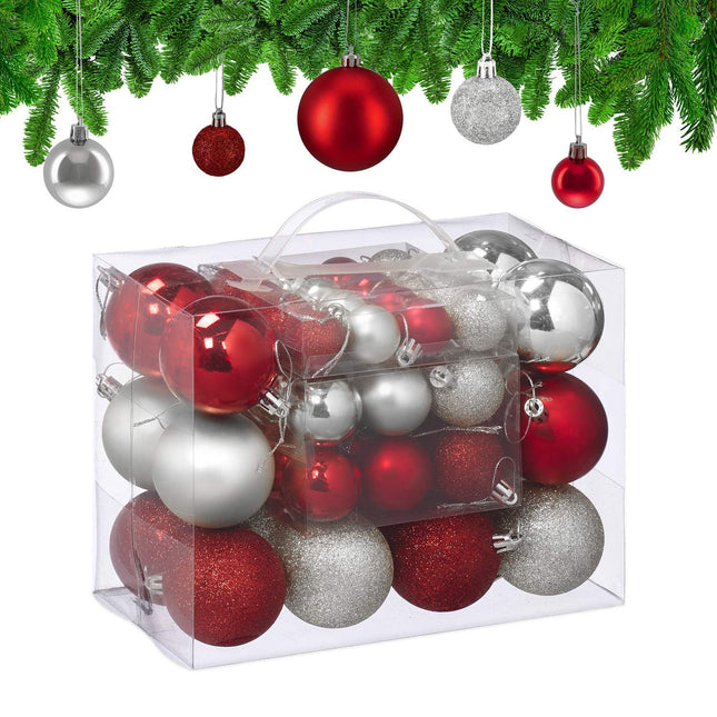 Christmas Tree Baubles Set, Red & Silver, Various Finishes