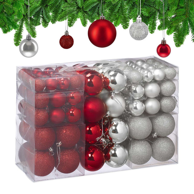 Christmas Tree Baubles Set, Red & Silver, Various Sizes