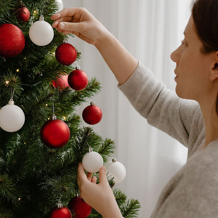Christmas Tree Baubles Set, Red & White, Various Finishes