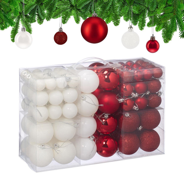 Christmas Tree Baubles Set, Red & White, Various Finishes