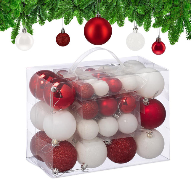 Christmas Tree Baubles Set, Red & White, Various Finishes