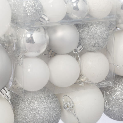 Christmas Tree Baubles Set, Silver & White, Various Finishes
