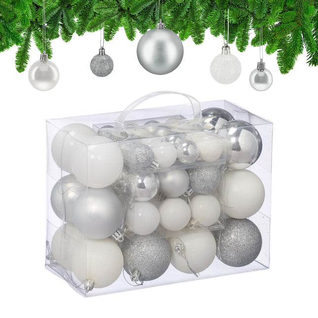 Christmas Tree Baubles Set, Silver & White, Various Finishes