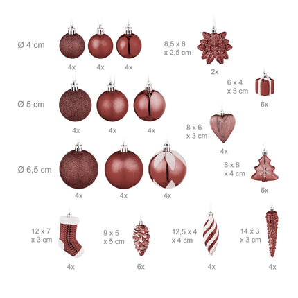 Christmas Tree Ornaments Set, 72 Pieces, Baubles & Decorations