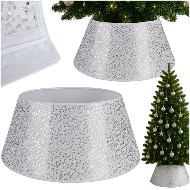 Christmas Tree Stand Cover, 60cm White with Silver Sequins
