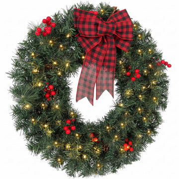 Christmas Wreath 60 cm with 50 Warm White LEDs and Bow, 8 Light Modes, 140 Tips