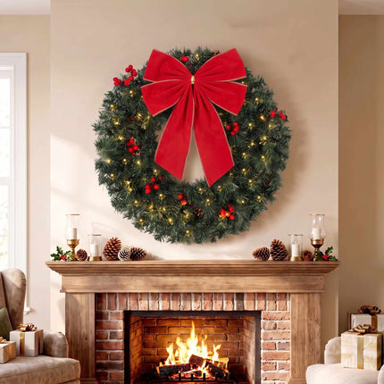 Christmas Wreath 60 cm with 50 Warm White LEDs and Bow, 8 Light Modes, 140 Tips