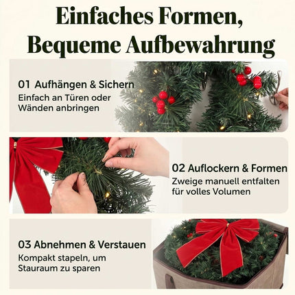 Christmas Wreath 60 cm with 50 Warm White LEDs and Bow, 8 Light Modes, 140 Tips