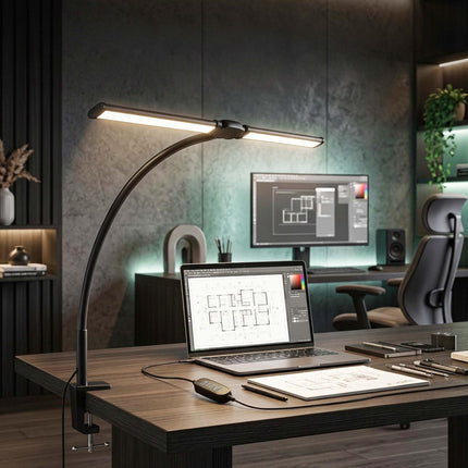 Clamp-On LED Desk Lamp, 61cm Dual Head USB Dimmable