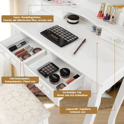 Classic dressing table set with stool LED bulbs cosmetic table 75 x 40 x 146 cm white