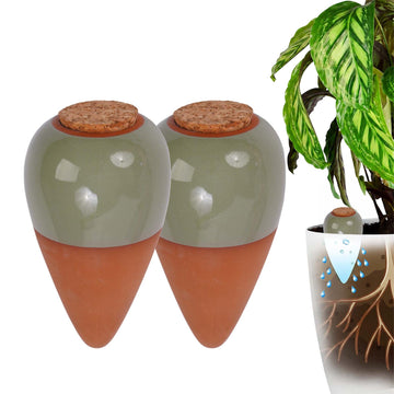 Clay Watering Cones with Lids, 350ml, Sage, 2-Pack