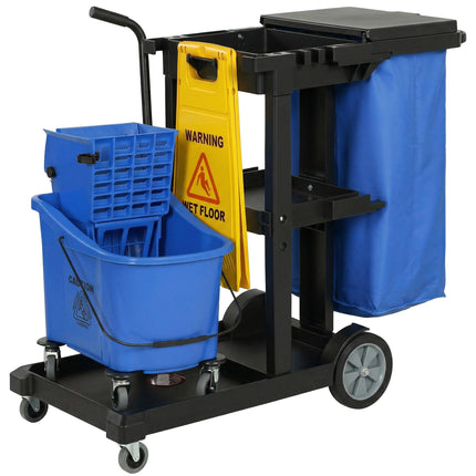 Cleaning Cart with 3 Shelves, 70L Bag, Mop Bucket, Blue
