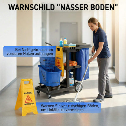 Cleaning Cart with 3 Shelves, 70L Bag, Mop Bucket, Blue