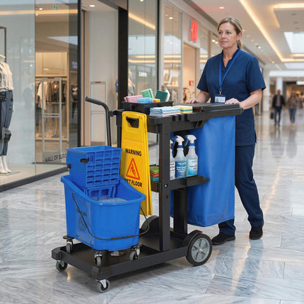 Cleaning Cart with 3 Shelves, 70L Bag, Mop Bucket, Blue