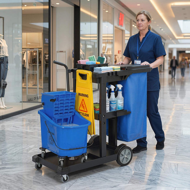 Schoonmaakwagen met 3 schappen, 70 liter zak, dweil emmer, blauw