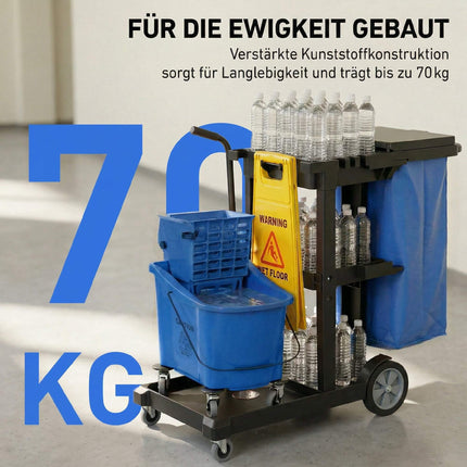 Cleaning Cart with 3 Shelves, 70L Bag, Mop Bucket, Blue
