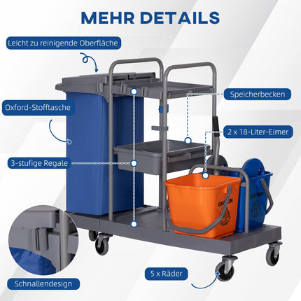 Cleaning Cart with Mop Press, 3-Tier, 2x18L Buckets